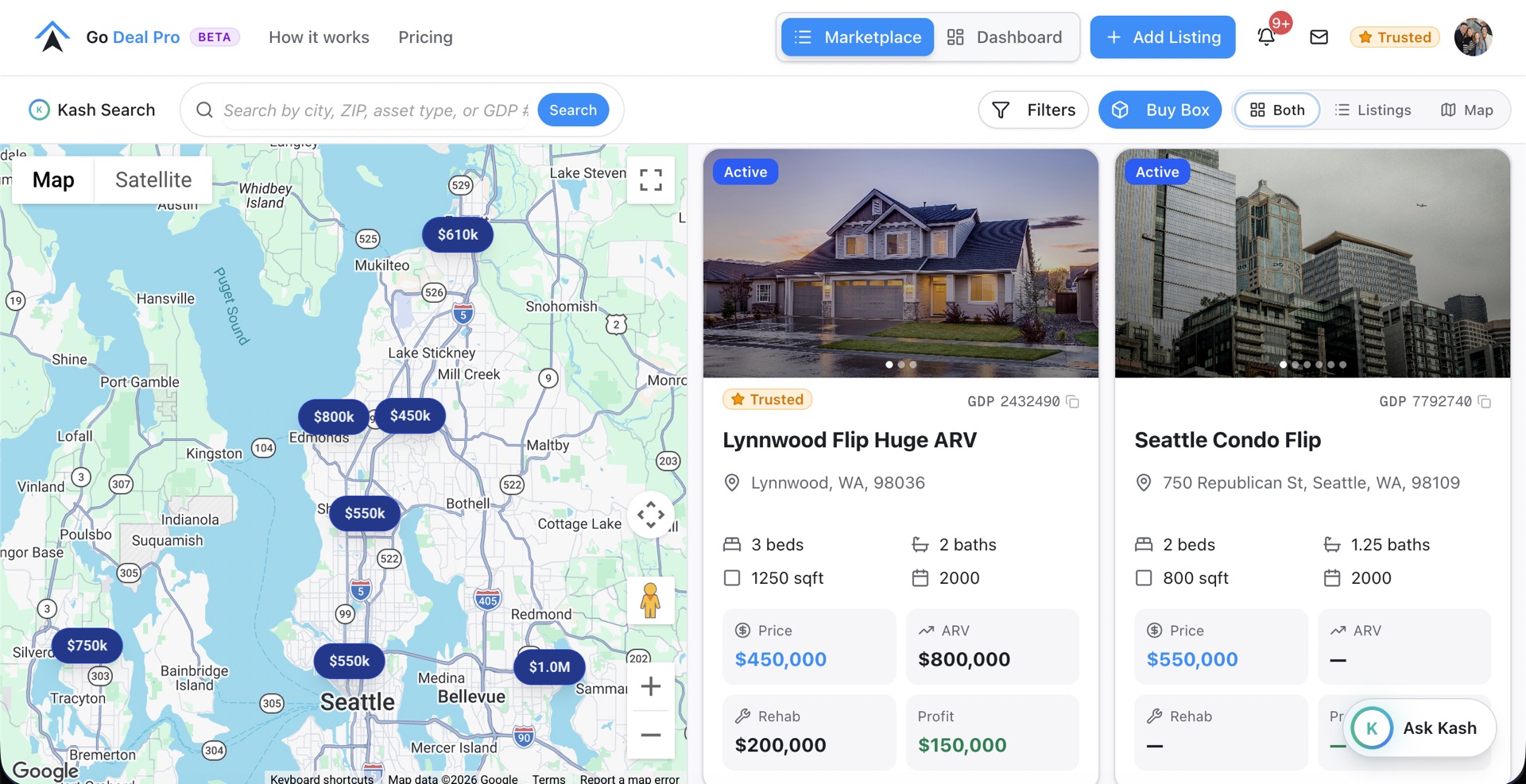 Go Deal Pro off-market real estate marketplace with live map, deal metrics, and Buy Box matching