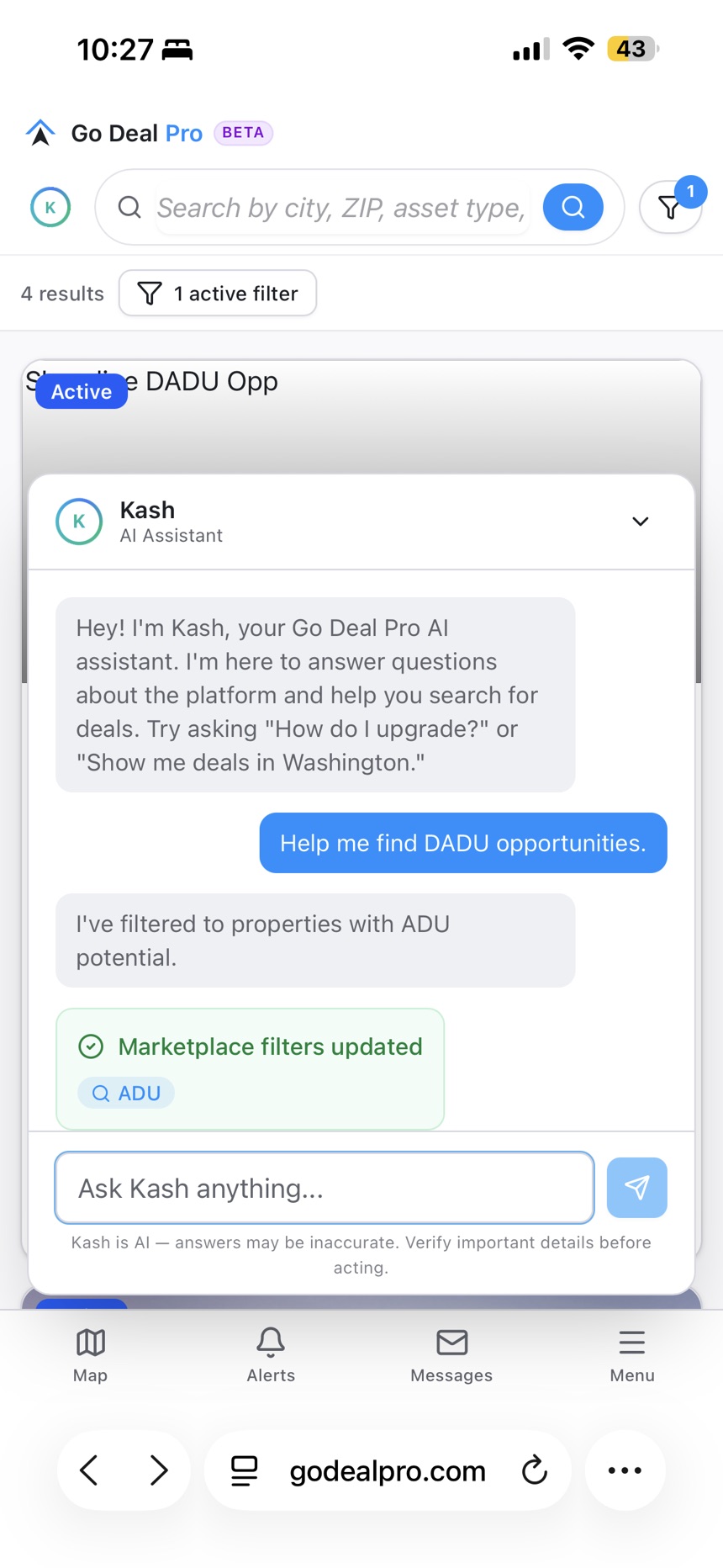 Kash, Go Deal Pro’s AI assistant, turning a plain-English deal request into live marketplace filters