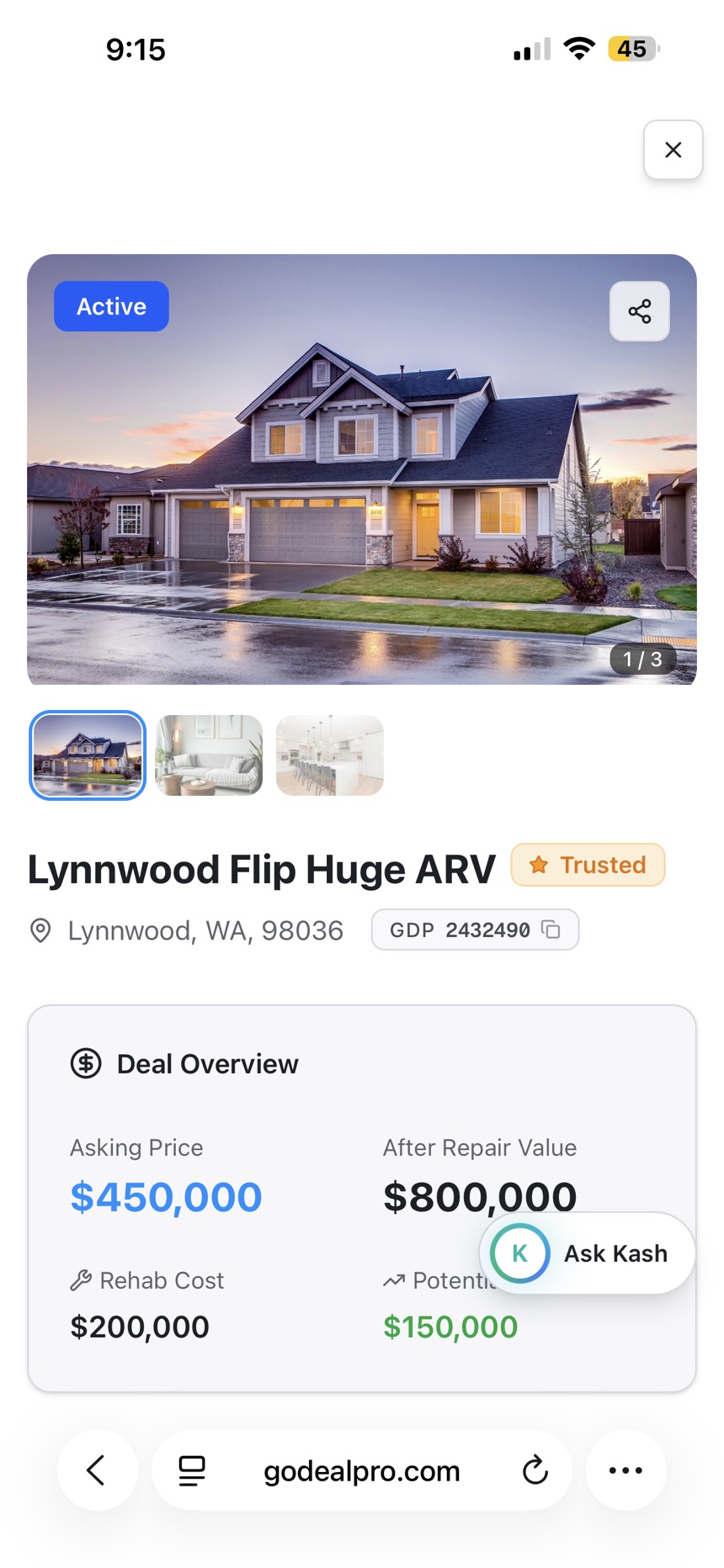 Off-market property listing on Go Deal Pro mobile showing asking price, ARV, rehab cost, and profit