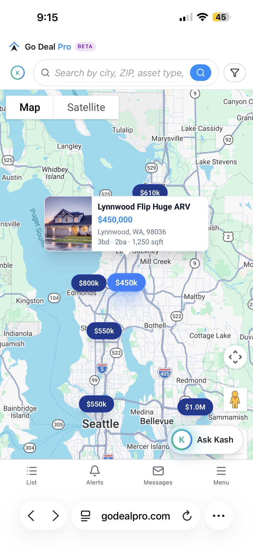 Go Deal Pro mobile map view showing rental property deals with prices across a metro area