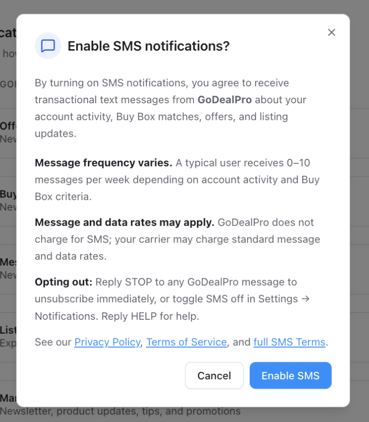 Affirmative consent dialog shown when a user enables their first SMS toggle. Displays brand identification, message types, frequency disclosure, rate disclosure, STOP/HELP keywords, links to Privacy Policy and Terms, and explicit Enable SMS / Cancel buttons.