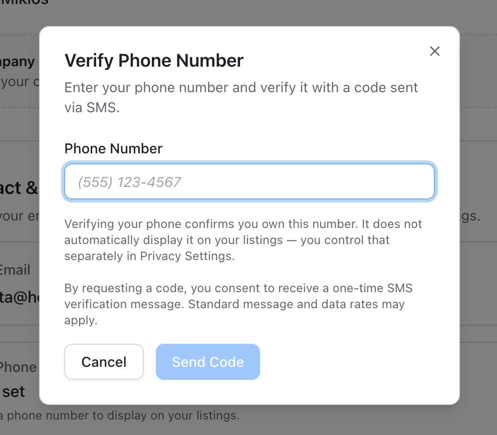Phone verification dialog showing the inline SMS consent text and rate disclosure before the user requests a code.